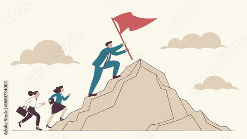 Business Leader Reaching Summit Holding Red Flag.