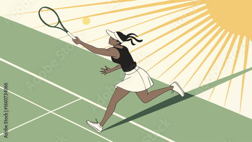 Dynamic Tennis Player Reaching for Ball on Court in Sunlight.