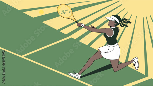 Dynamic Tennis Player Swinging Racket on Court with Sun Rays Background.