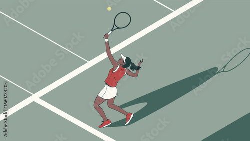 Female Tennis Player Serving Dynamic Pose Red Outfit.