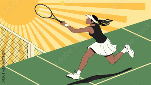 Female Tennis Player Hitting Ball on Court in Sunny Weather.