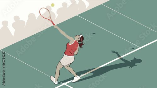 Female Tennis Player Serving on Court with Spectators in the Background.