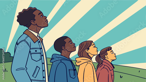 Four Diverse Teenagers Gazing Upward at a Bright Sky.