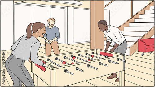 Friends Playing Foosball Table in Modern Interior.