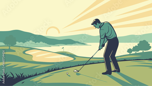 Golfer Preparing to Swing on Golf Course.