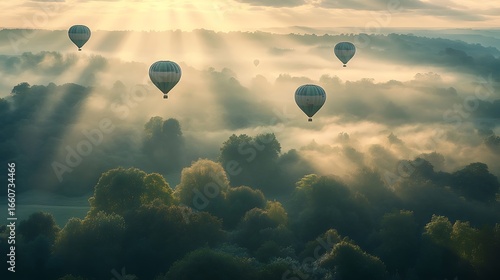 Hot Air Balloons Soaring Over Misty Morning Landscape