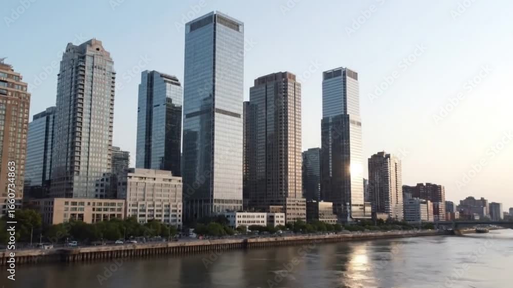 Modern cityscape skyline with towering skyscrapers reflecting sunlight, showcasing urban development and architectural ambition along a tranquil riverfront at dawn or dusk. Modern cityscape skyline with towering skyscrapers reflecting sunlight, showcasing urban development and architectural ambition along a tranquil riverfront at dawn or dusk.