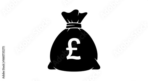 A simple black silhouette icon of a money bag with a British Pound Sterling symbol, representing UK currency, finance, wealth, and investment.