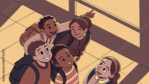 Happy Diverse Group of School Children with Backpacks.