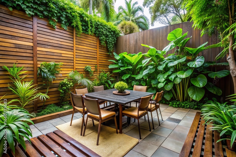 Fototapeta premium Balinese Inspired Garden Design: Modern Outdoor Dining Space with Monstera & Creeping Fig