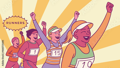 Illustrated Group of Runners Celebrating Victory in a Race.