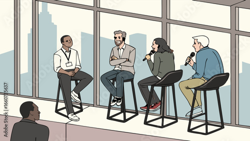 Illustrated Panel Discussion with Four Speakers on Stools Before a Large Window.