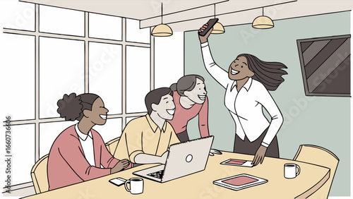 Joyful Business Team Celebrating Success with Smartphone.