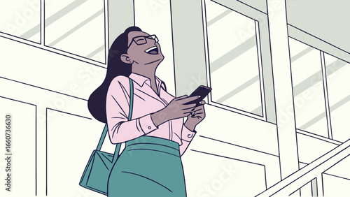 Joyful Businesswoman Using Smartphone Laughing Stylish Outfit.