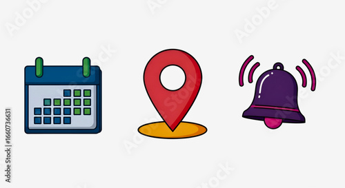 Calendar, Location Pin, and Bell Icons Set for Events and Reminders