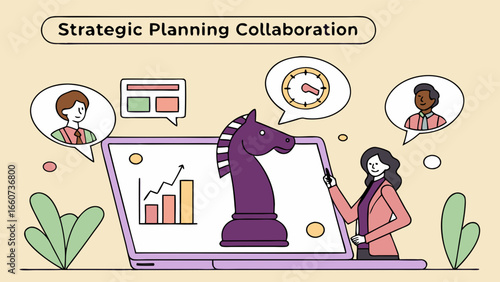 Strategic Planning Collaboration with Chess Knight on Laptop Screen.
