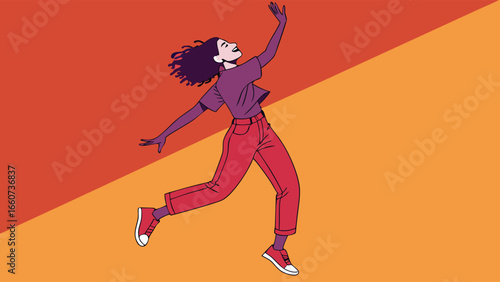 Joyful Woman Running with Arm Raised in Celebration.