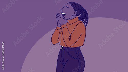 Joyful Woman with Braids in a Cozy Outfit.