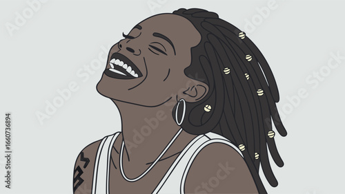 Joyful Woman with Dreadlocks Laughing Out Loud.