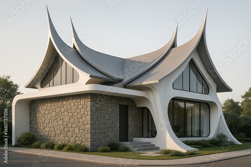Exterior Design of House. Futuristic Style Mix Indonesia Gadang House Style