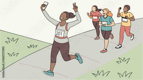 Marathon Runner Celebrating Victory with Phone and Peace Sign.