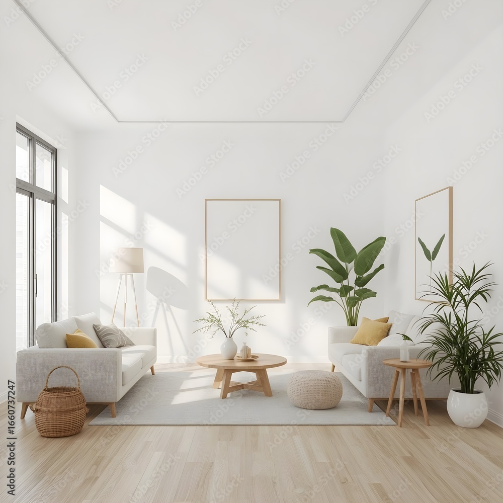 Fototapeta premium Modern minimalist living room with a blank vertical poster frame on a white wall, showcasing Scandinavian interior design and natural light.