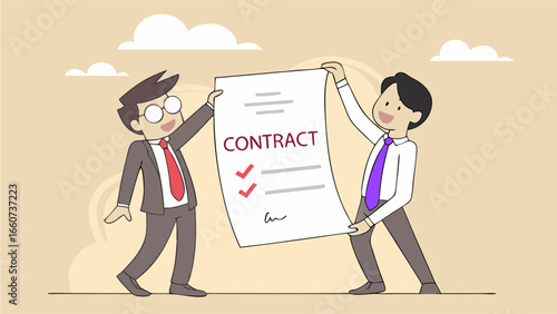 Two Businessmen Holding a Contract Agreement with Checkmarks and Signature.