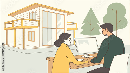 Modern House Design Review Couple Discussing Architectural Plans on Computer.