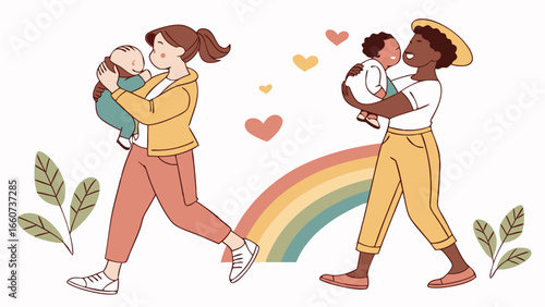 Two mothers holding their babies walking with love and care with a rainbow in the background.
