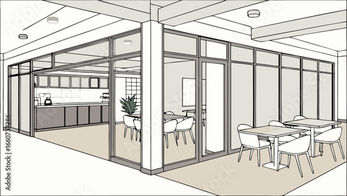 Modern Office Break Room Design with Glass Partitions and Minimalist Furniture.
