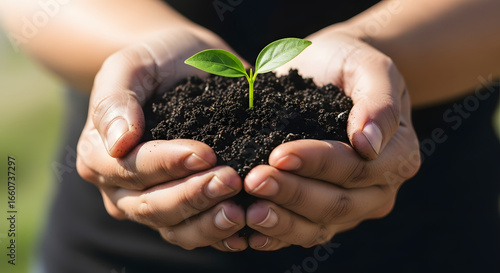 A tender embrace of nature's potential, where nurturing hands cradle a nascent seedling, symbolizing growth, hope, and the promise of a flourishing future beneath the sun's warm rays