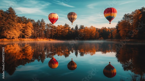 Three Hot Air Balloons Soar Above Autumnal Lake Reflections