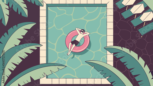 Relaxing Man in Pool with Tropical Surroundings.
