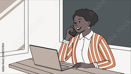 Smiling Black Woman on Phone Call Using Laptop Striped Cardigan.