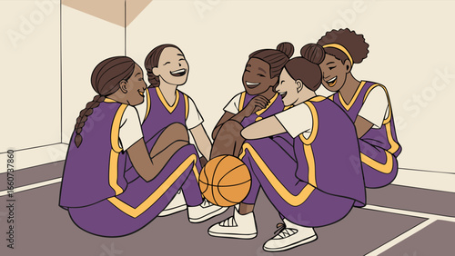 Smiling Basketball Team Sitting in a Circle with Ball.
