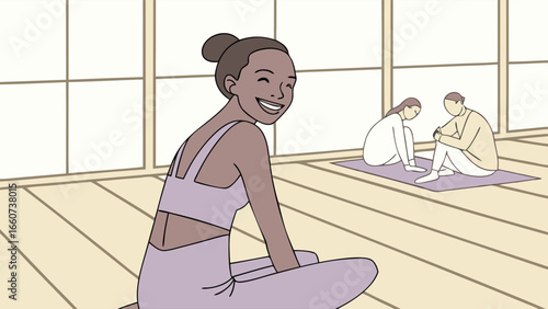 Smiling Woman in Lavender Yoga Outfit Sitting on Wooden Floor.