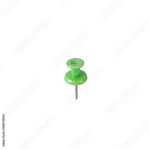 A singular green thumbtack, isolated on a pure white background, showcasing its functional design.