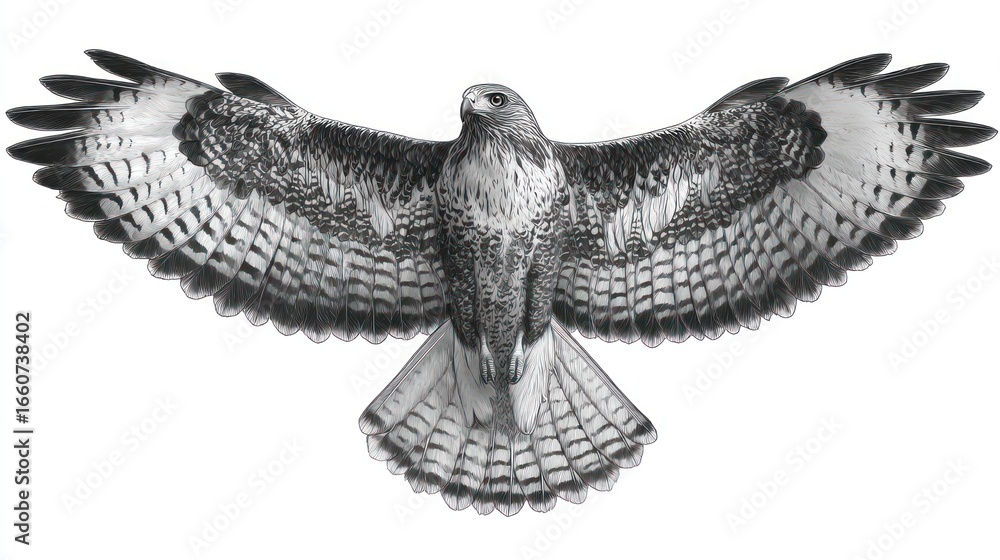 Obraz premium Hawk in flight, spread wings, feathers visible in detail, monochrome, bird's eye