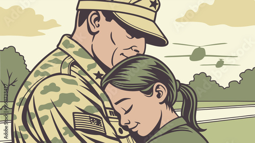 Soldier in camouflage uniform embracing a loved one.