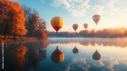Hot Air Balloons Over Autumn Lake Reflections