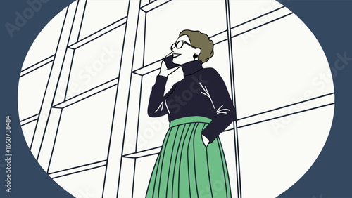 Stylish Woman Talking on Phone Near Modern Building Facade.