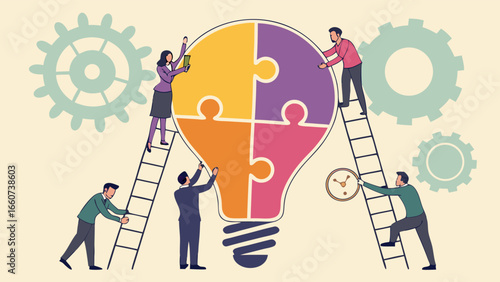 Teamwork Assembling a Multicolored Puzzle Lightbulb.