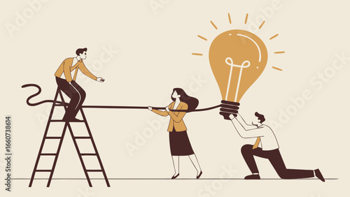 Teamwork Illustration People Collaborating to Hold a Giant Lightbulb.