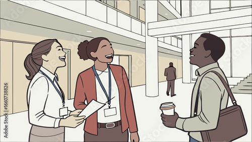 Three Diverse Colleagues Laughing and Talking in Modern Office Lobby.