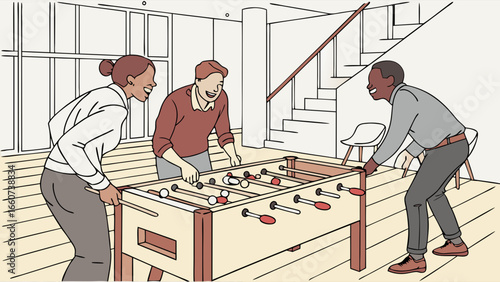 Three Diverse Colleagues Enjoying a Foosball Game.