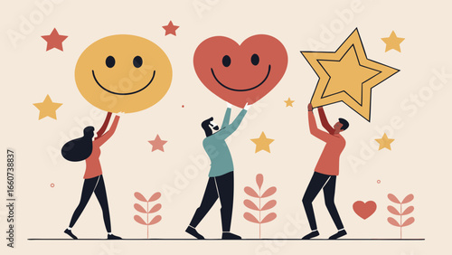 Three diverse people lifting large positive symbols smiley face heart and star.