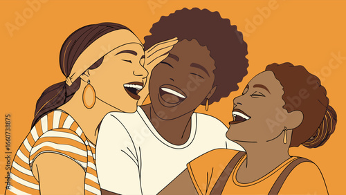 Three Diverse Women Laughing Together in a Vibrant Illustration Style.