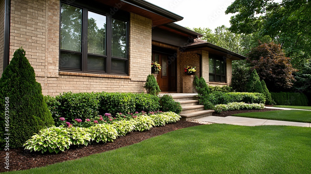 Fototapeta premium Suburban home powered by geothermal heating and cooling, natural landscape, renewable energy lifestyle