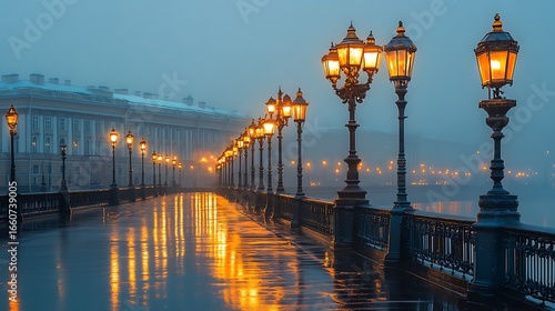 Foggy City Bridge With Illuminated Lampposts At Dusk