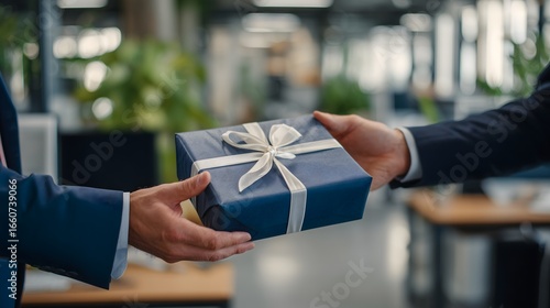 Businessman giving blue gift box with silver ribbon in office, concept of corporate gifting, appreciation, rewards, and professional celebration